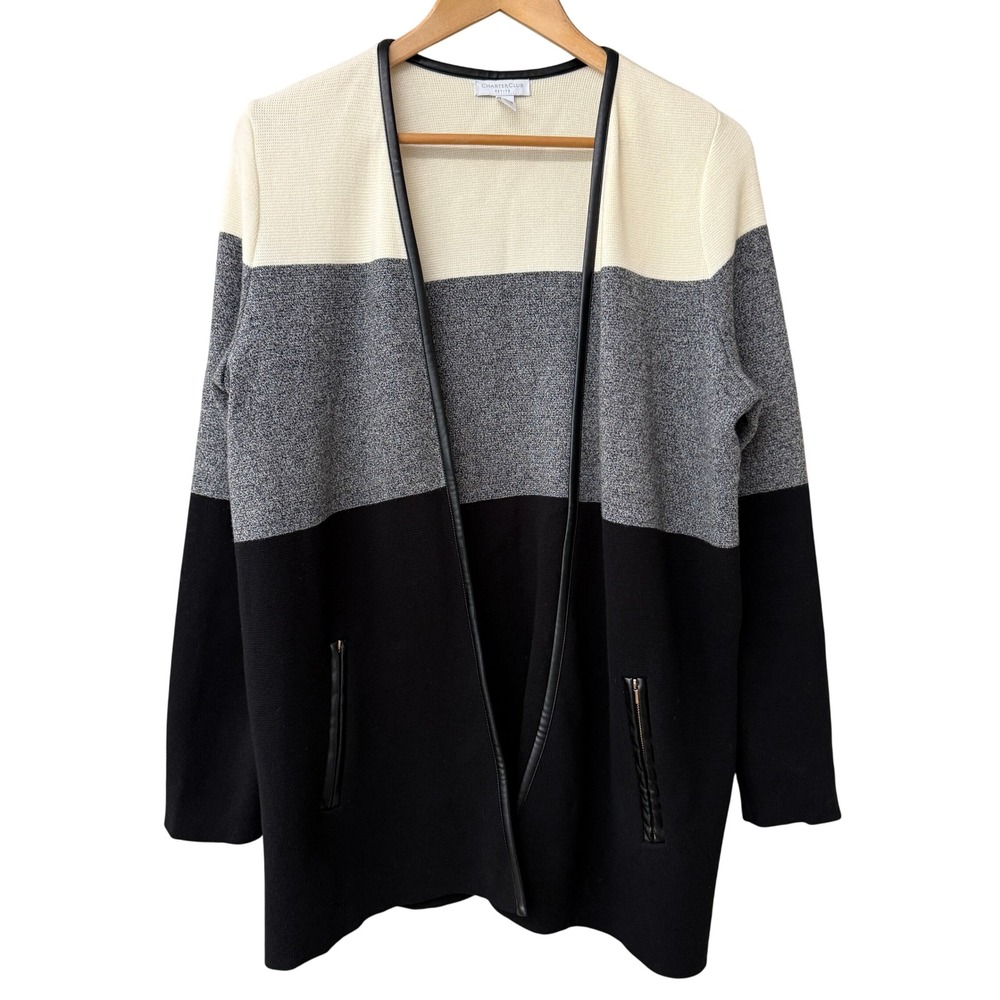 Charter Club Women Colorblock Cardigan Size P Large Cotton Faux Leather Trim